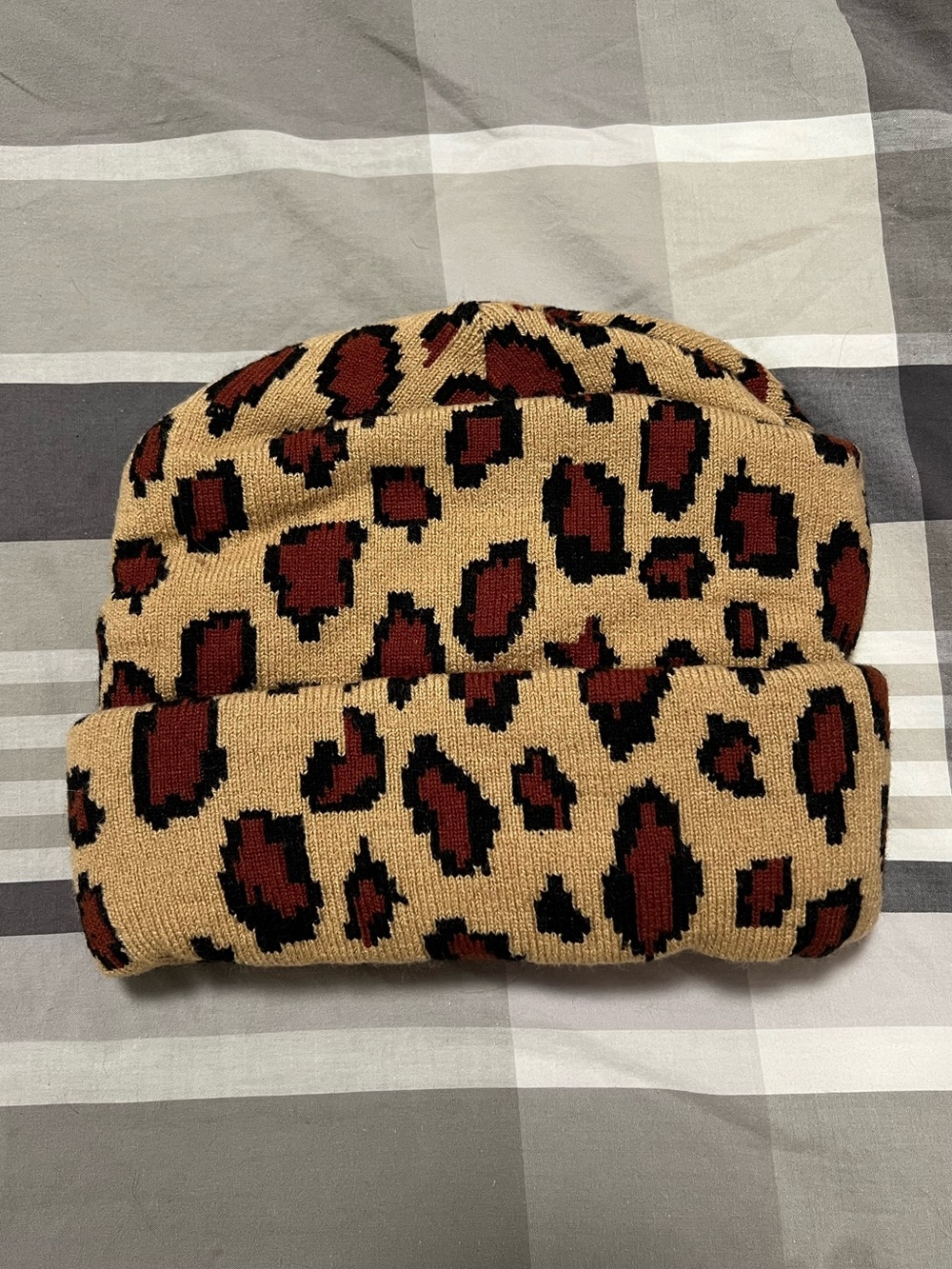 Leopard Print Beanie Hat in Tan and Brown